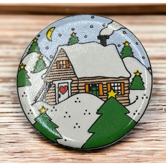 Christmas Cottage Refrigerator Magnet Vintage Cabin in the Woods Trees Night - Picture 1 of 6